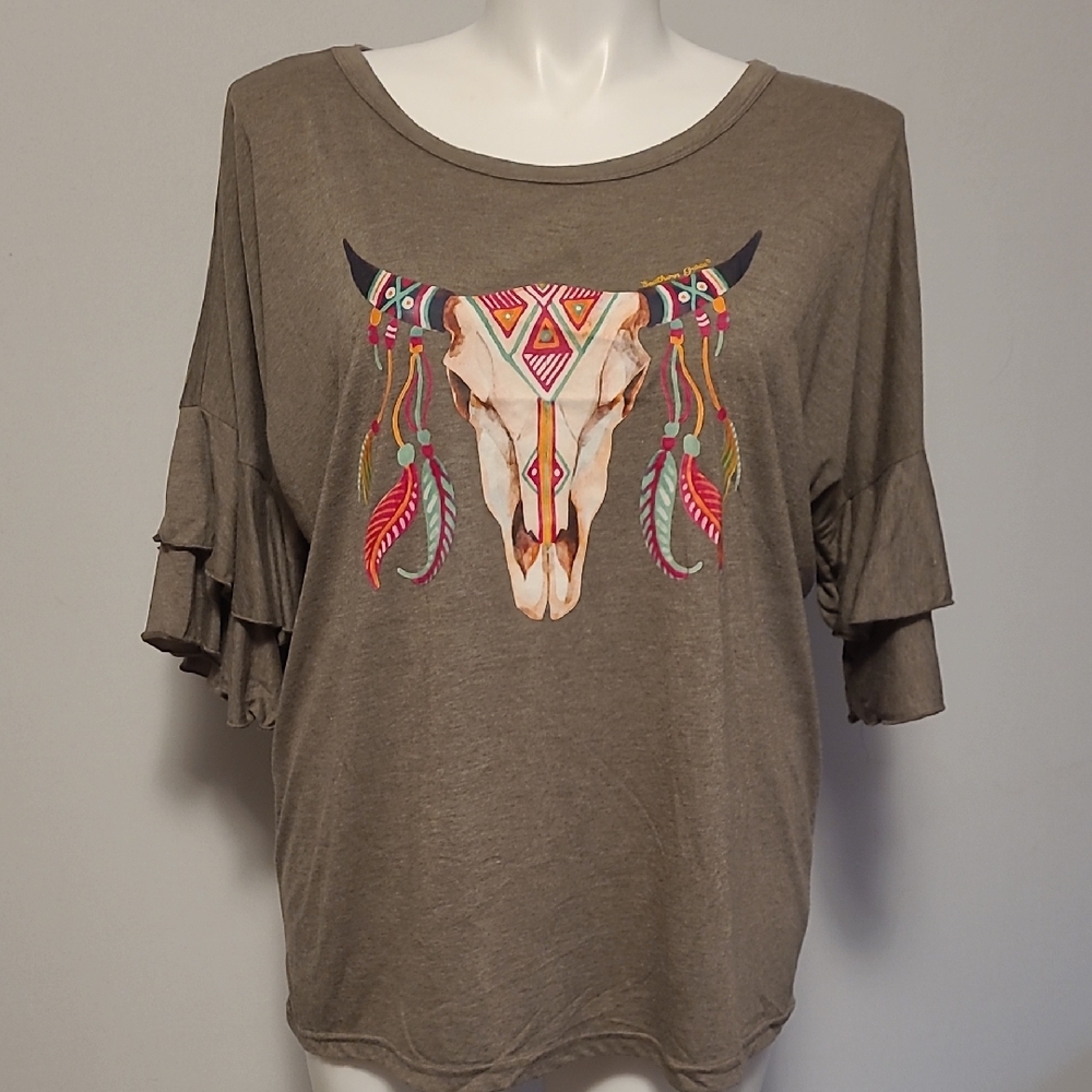 Southern Grace Taupe Bull Skull Ruffle Sleeve Blouse